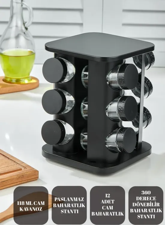 360 DÖNEBİLEN TEZGAH ÜSTÜ PASLANMAZ STANTLI CAM BAHARAT SETİ- 12 Lİ BAHARATLIK-12'Lİ SİYAH KARE