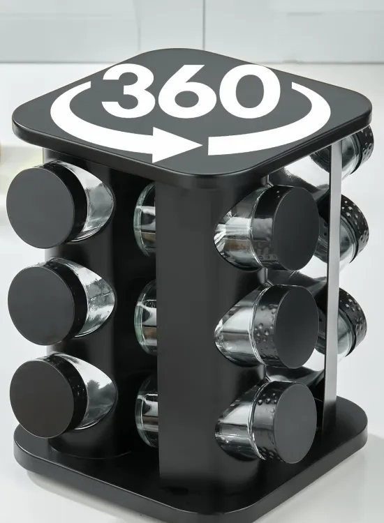 360 DÖNEBİLEN TEZGAH ÜSTÜ PASLANMAZ STANTLI CAM BAHARAT SETİ- 12 Lİ BAHARATLIK-12'Lİ SİYAH KARE