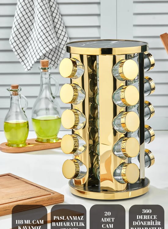 360 DÖNEBİLEN TEZGAH ÜSTÜ PASLANMAZ STANTLI CAM BAHARAT SETİ-20 Lİ BAHARATLIK-20'Lİ GOLD YUVARLAK