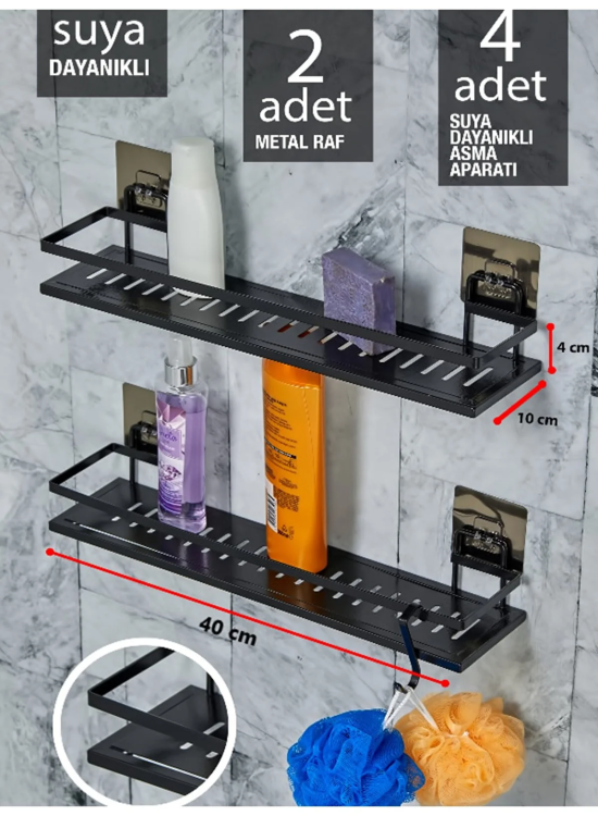 2 Li Metal Yapışkanlı Banyo Rafı Organizer (40cm X 10 Cm)